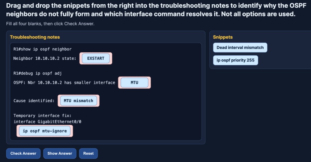 OSPF troubleshooting drag-and-drop sample: snippets moved into CLI-style blanks.