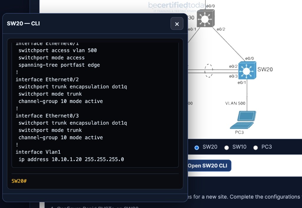 Rapid PVST and LACP sample lab: simulated SW20 CLI over the topology diagram.