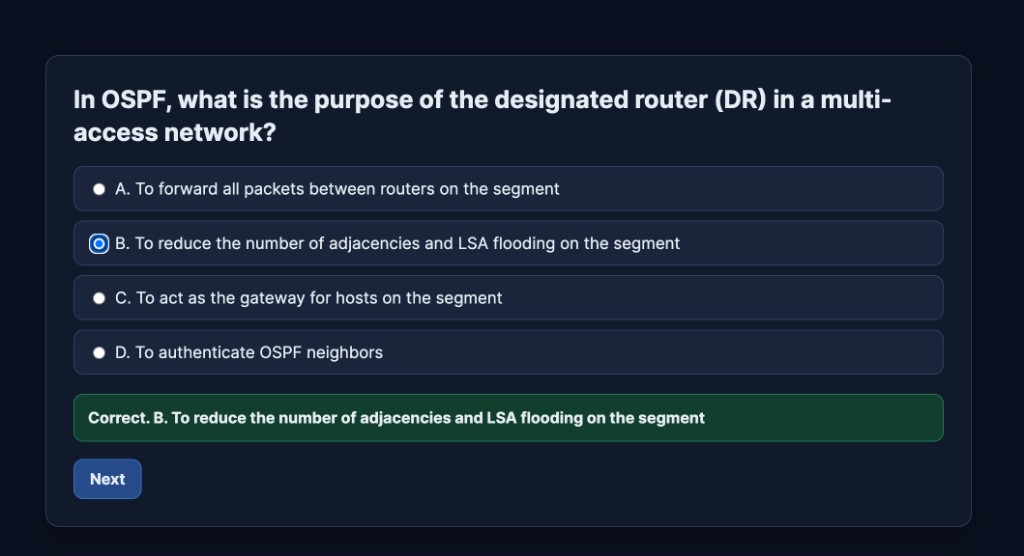 Multiple-choice sample: OSPF designated router question with instant correct feedback.